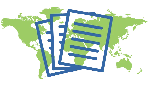 World map with three document icons overlayed, representing global travel permits and international health certifications for pets.