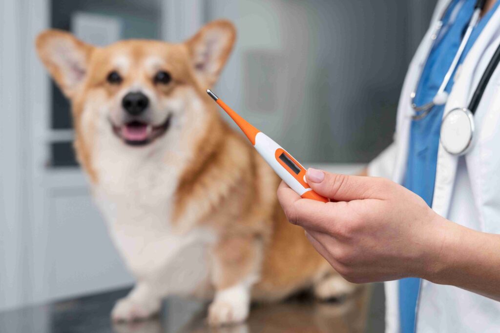 A veterinarian holding a digital thermometer with a happy Corgi in the background, representing pre-travel health checks.